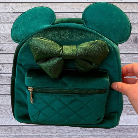 Disney Handbags - NWT Disney Minnie Mouse Green Velvet Ear Backpack with Shimmery Bow